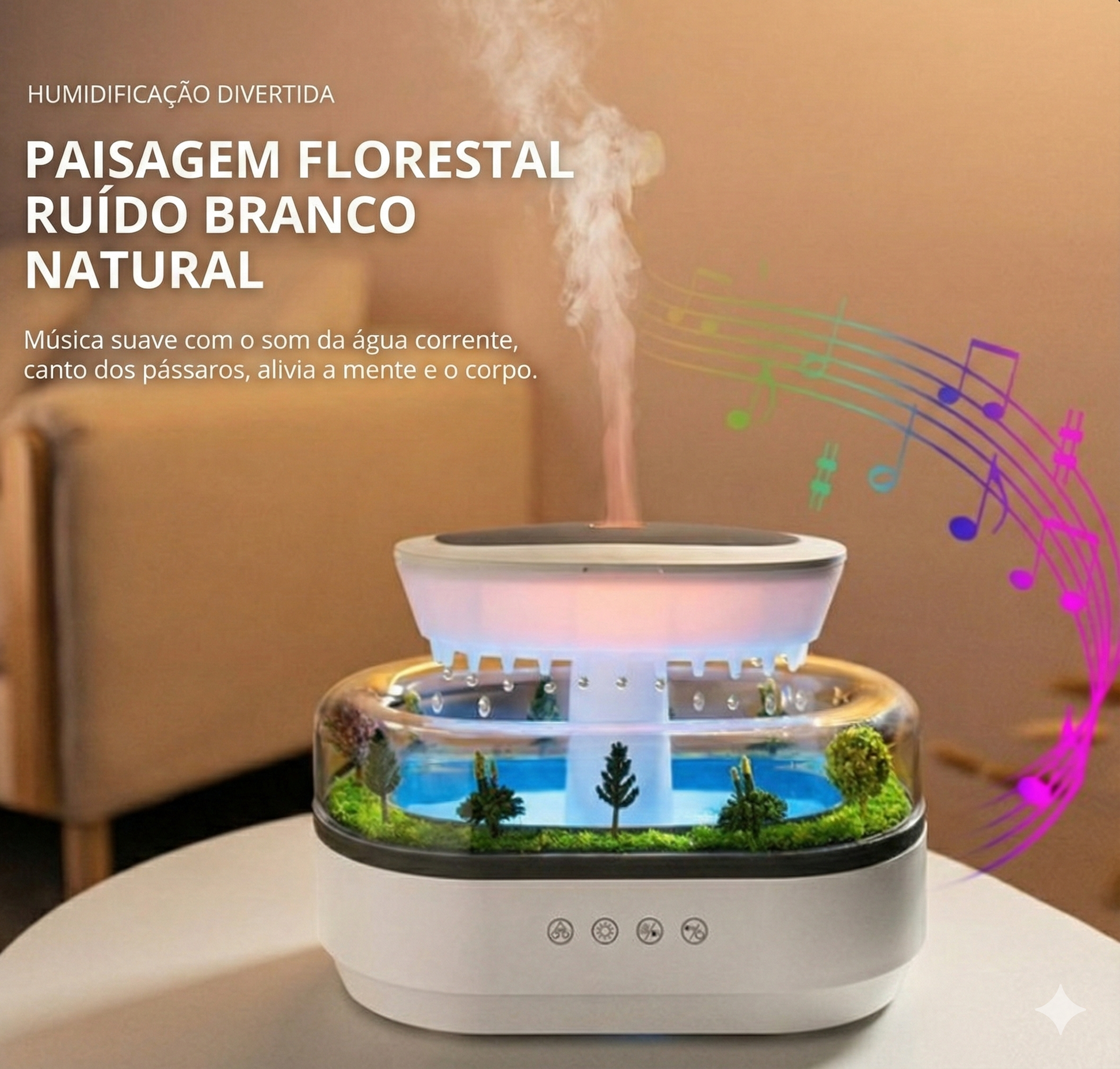 Umidificador de ar RainCloud com design de nuvem, cenário de floresta iluminado e névoa saindo pelo topo