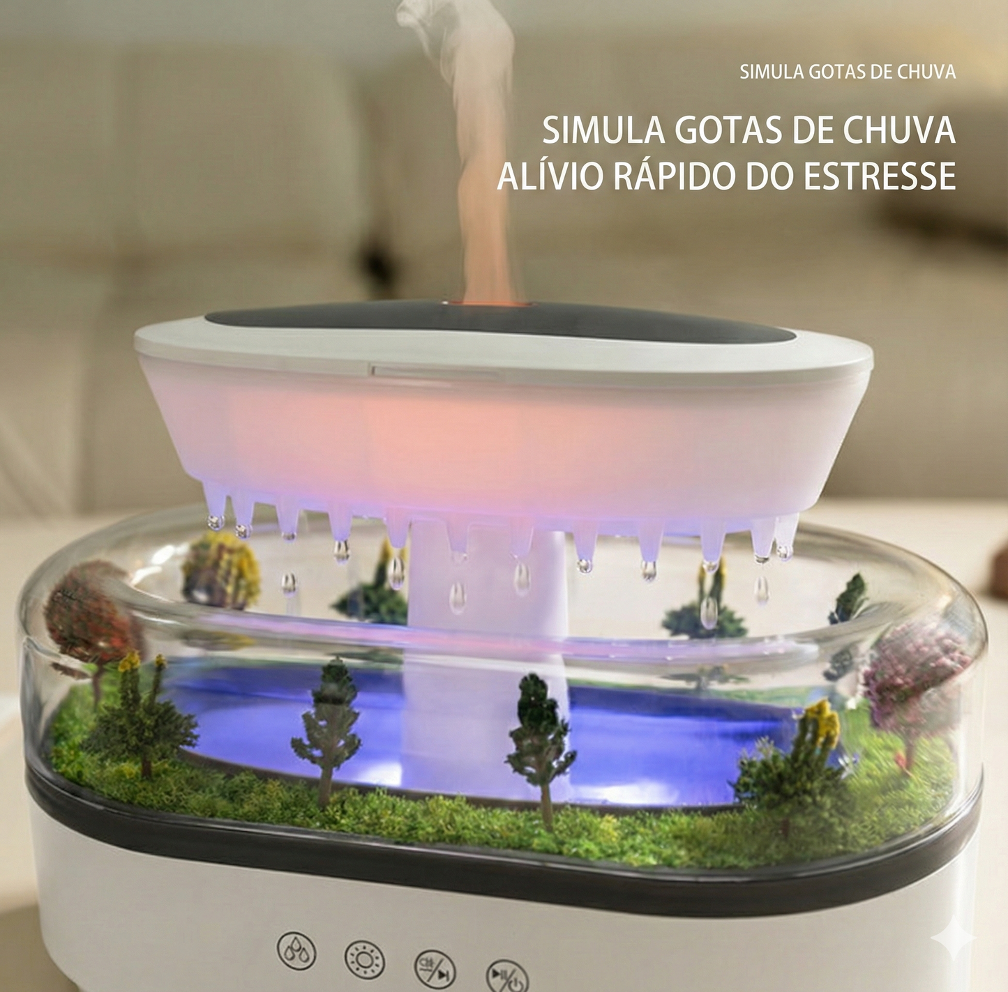 Detalhe do umidificador de ar RainCloud destacando a simulação de gotas de água caindo no reservatório transparente