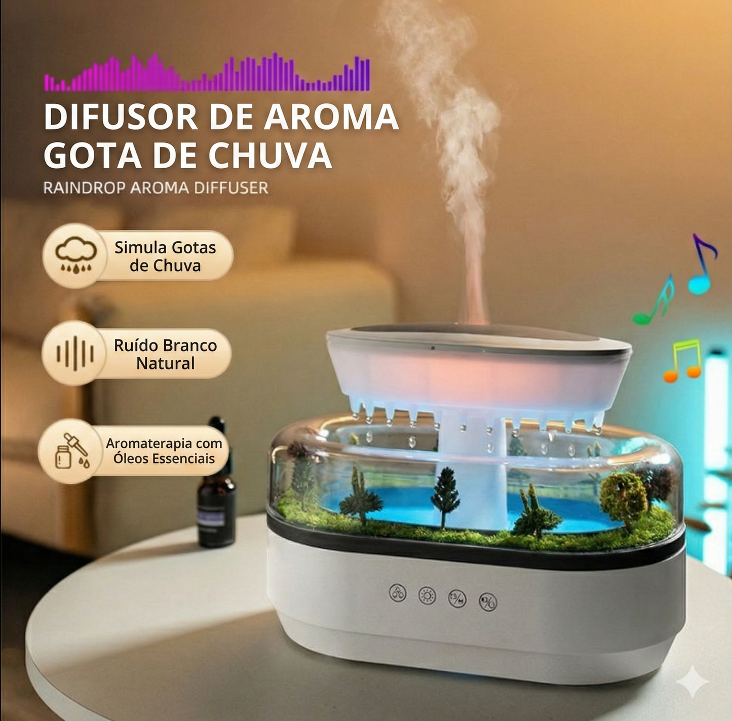 Umidificador de ar Sillencia RainCloud com design de nuvem, cenário de floresta iluminado e névoa saindo pelo topo.