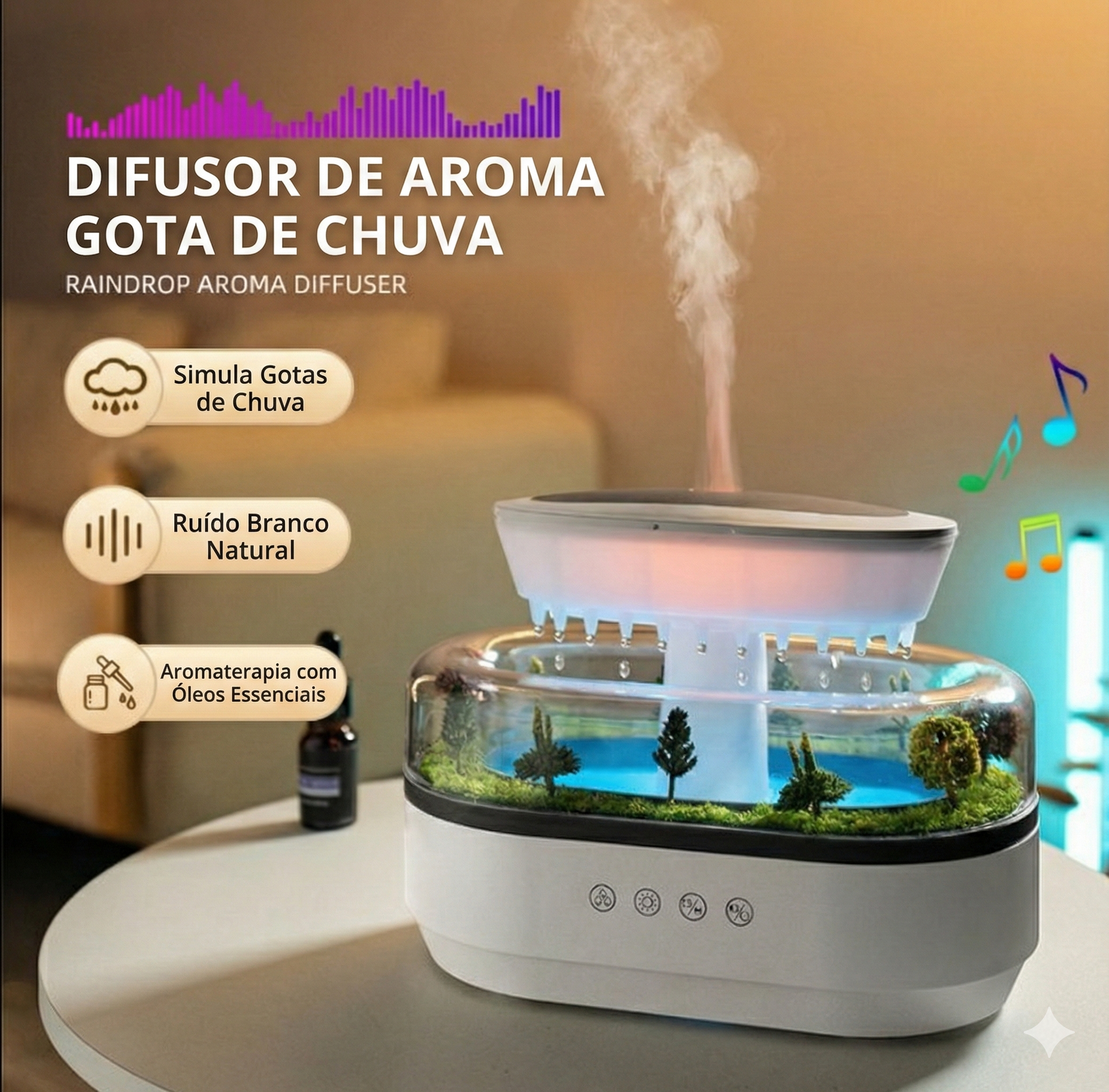 Umidificador de ar Sillencia RainCloud com design de nuvem, cenário de floresta iluminado e névoa saindo pelo topo.