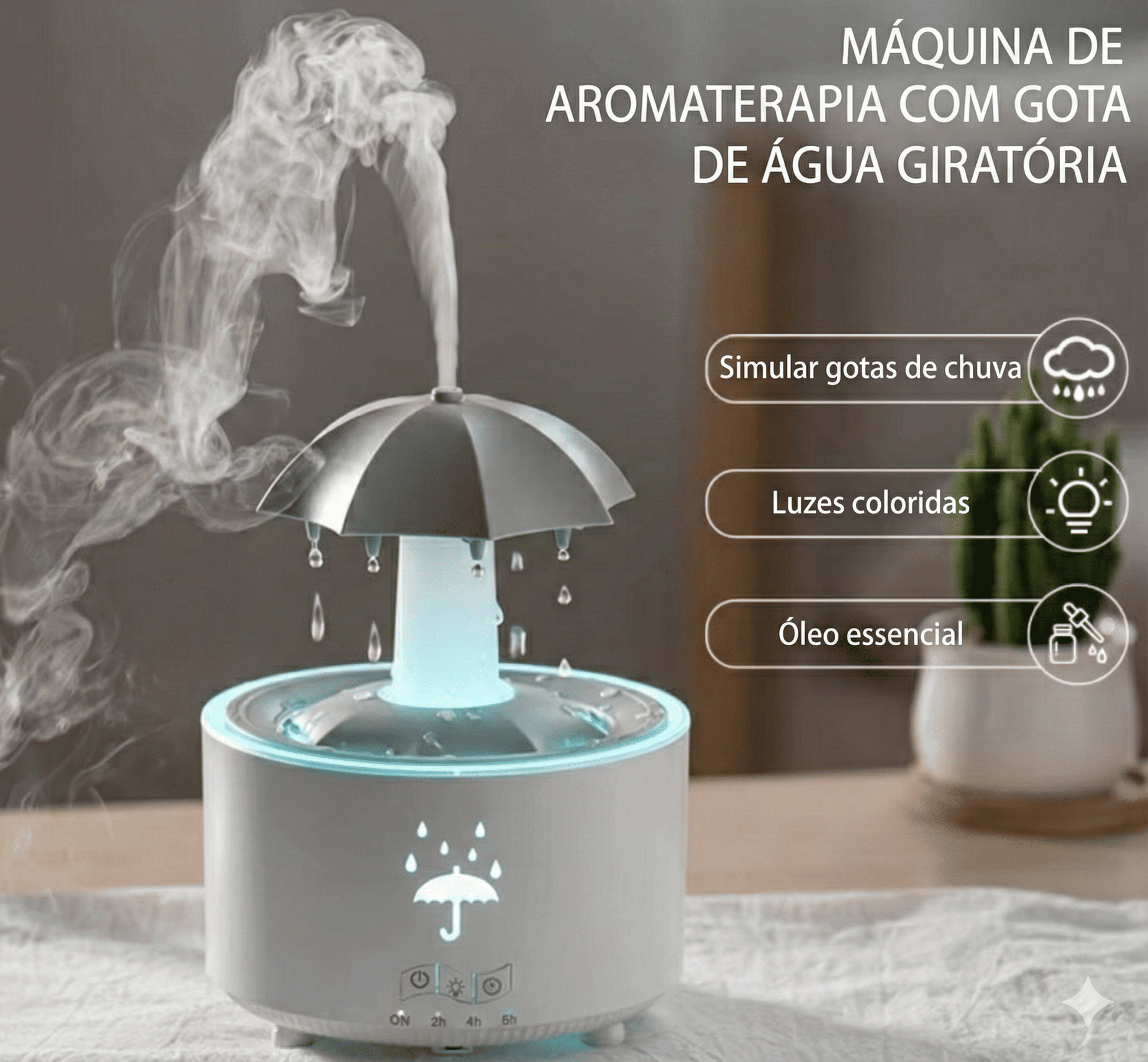Umidificador de ar Sillencia UmbrellaRain branco com design de guarda-chuva e efeito de gotas de água.