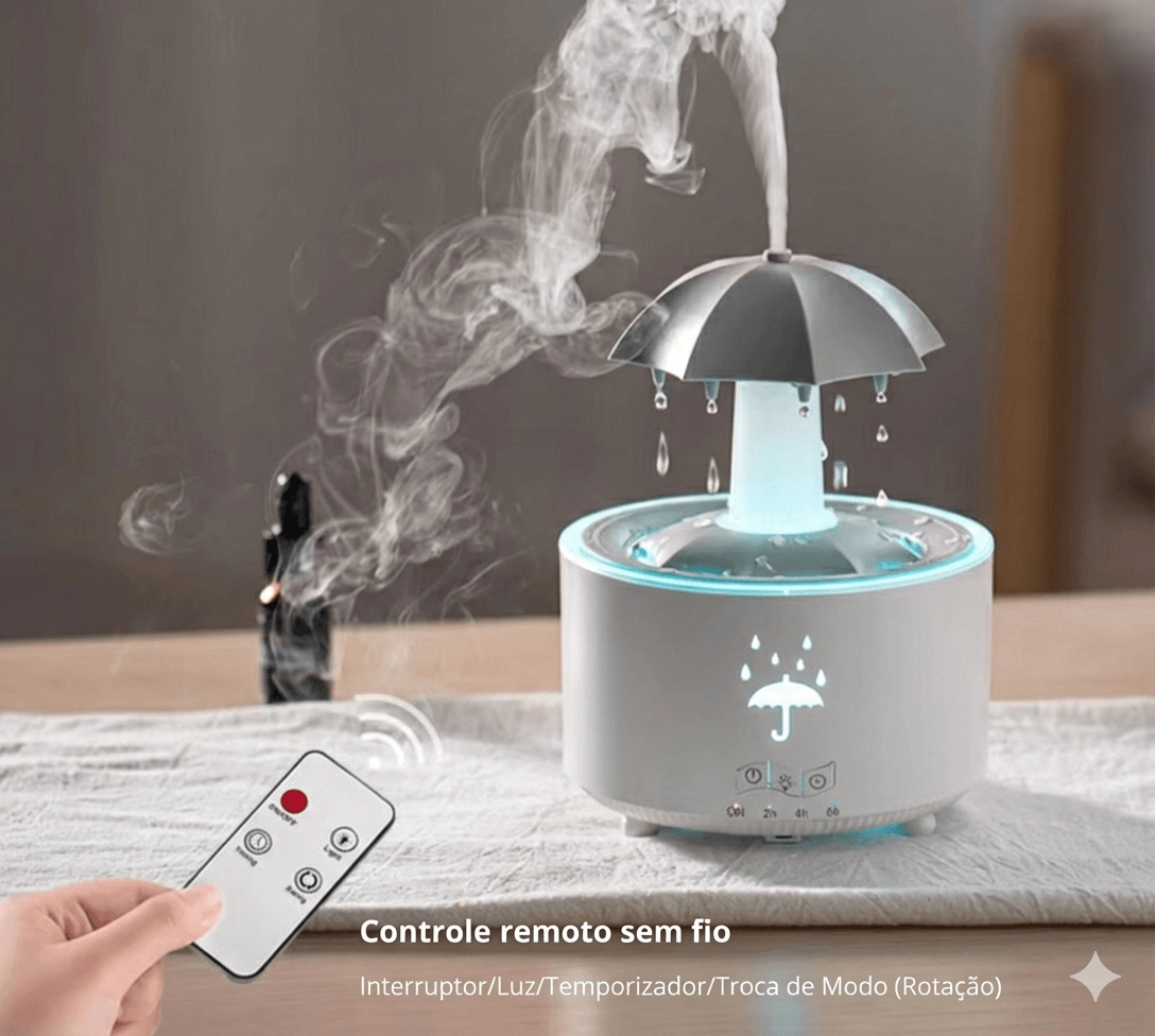 Controle remoto ajustando as funções do umidificador de ar com névoa saindo pelo topo