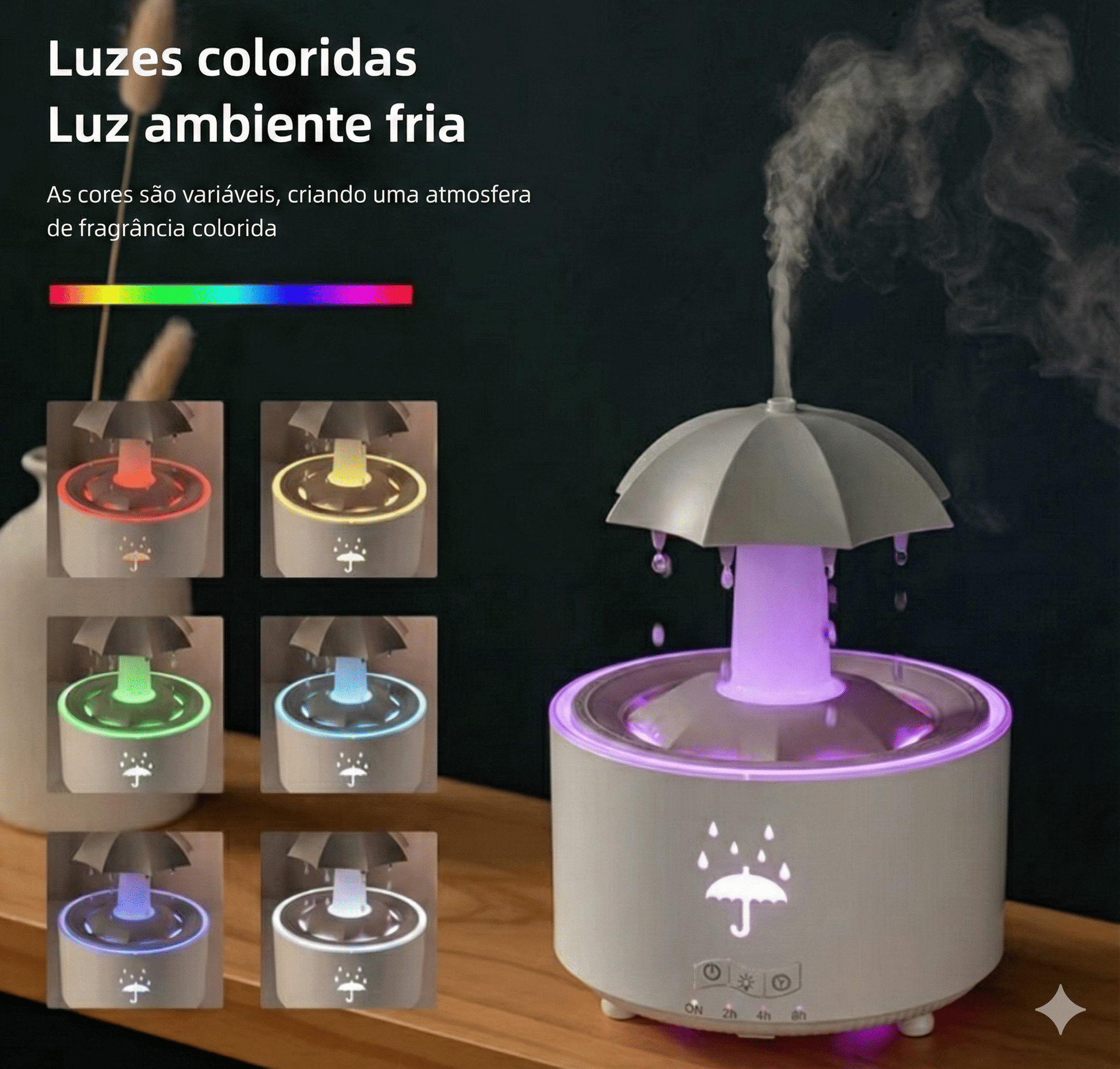 Variações de luzes coloridas LED do umidificador de ar UmbrellaRain em ambiente escuro.