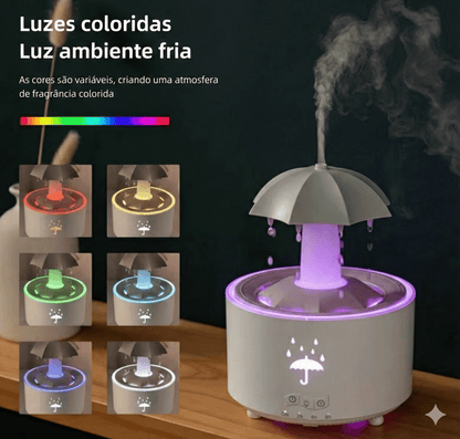 Variações de luzes coloridas LED do umidificador de ar UmbrellaRain em ambiente escuro.