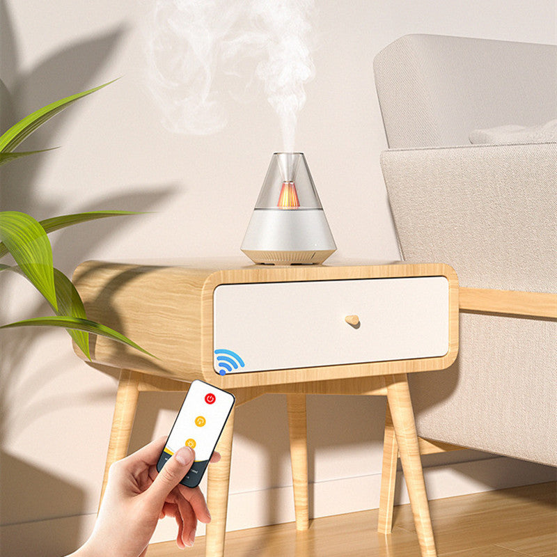 Umidificador de ar na mesa de cabeceira com luz ambiente e controle remoto em destaque